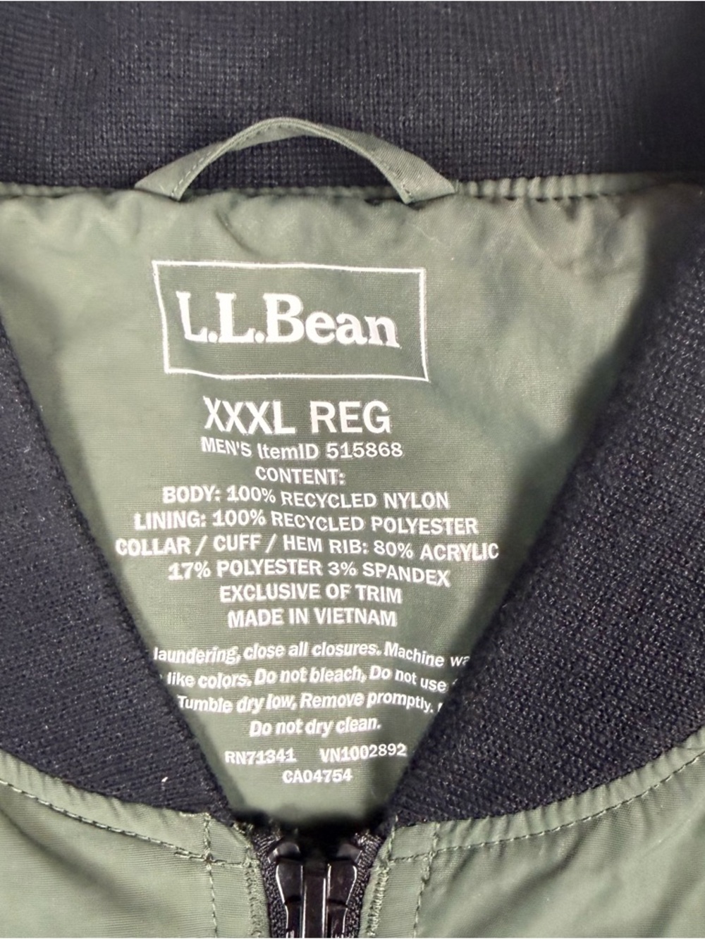 LL Bean 3-Season Waterproof olive green Fleece Lined Bomber Jacket Size XXXL Reg - Picture 3 of 13